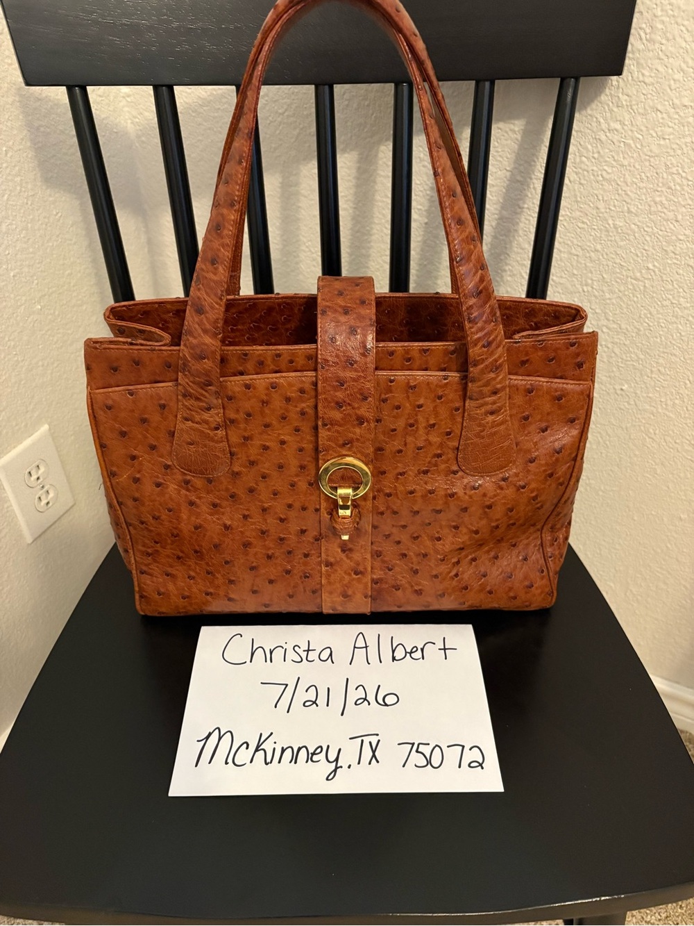 Brown Ostrich-Texture Tote Bag with Gold Hardware